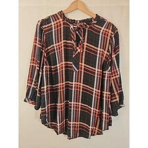 Torrid Rayon Twill Tie V Neck Plaid Peasant Tunic Top Ruffled Collar Womens 0 XL
